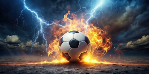 Fototapeta premium Soccer ball surrounded by flames with lightning illuminating the dark night sky in a dramatic and intense scene , electricity, sports equipment