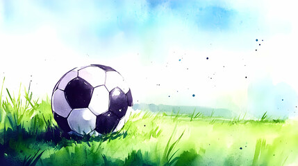 Watercolor Painting of a Soccer Ball Rests Peacefully on a Vibrant Green Field Under a Serene Sky