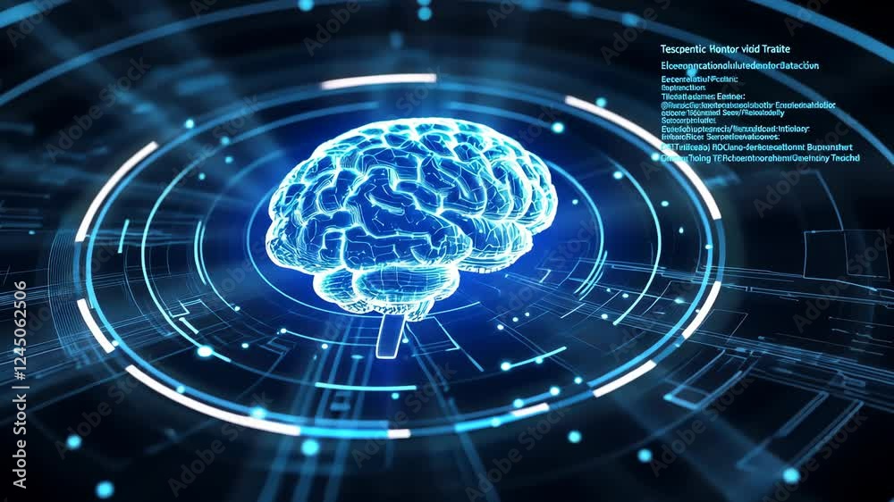 Poster futuristic digital brain with rotating neural connections and data
