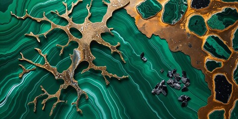 Decorative Golden Tree and Bronze Edges on Green Malachite Stone Background Fine Art