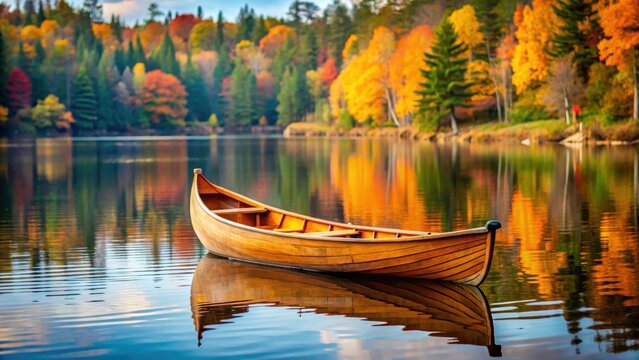Autumn canoe on serene lake, peaceful haven, wooden canoe, peaceful haven