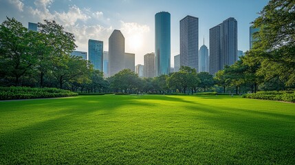 Fototapeta premium City park sunrise, skyscrapers backdrop, green grass, urban oasis, website banner