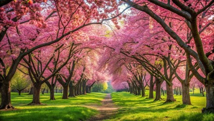 Fototapeta premium Colorful cherry blossom garden in full bloom with vibrant pink petals and lush greenery surrounded by blooming trees and a serene atmosphere, scenery , outdoor