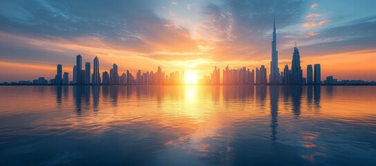 City skyline sunset reflection, calm water, urban landscape, travel poster