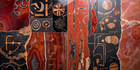Obraz premium Abstract Marble Panel Featuring Geometric Symbols and Patterns in Shades of Red Black and Gold
