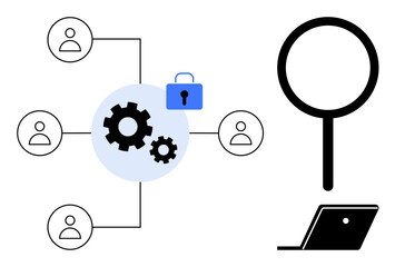 Gears in center connected to user icons, lock symbol emphasizing security, magnifying glass, and laptop. Ideal for teamwork, productivity, online security, digital infrastructure, remote work data