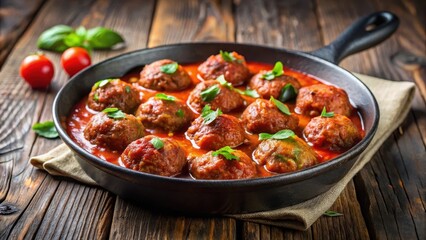 Fototapeta premium Juicy meatballs simmering in a rich tomato sauce atop a cast iron skillet