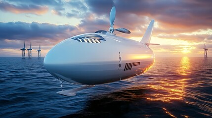 Fototapeta premium futuristic seaplane sunset flight - futuristic technology