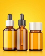 Fototapeta premium Luxury skincare set mockup with a trio of elegant serum bottles, soft golden lighting, smooth silk fabric background, sophisticated and refined aesthetic