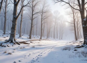 Fototapeta premium A serene and peaceful snowy forest landscape with bare trees and snow-covered ground, snow covered ground, natural scenery
