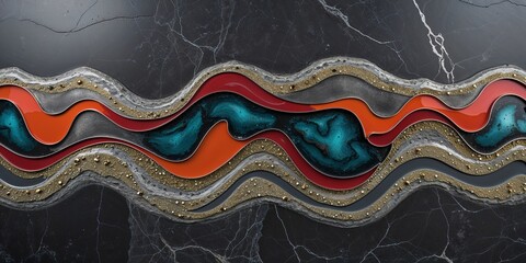 Abstract Marble Wave Art with Teal Red and Gold Tones on Dark Textured Background
