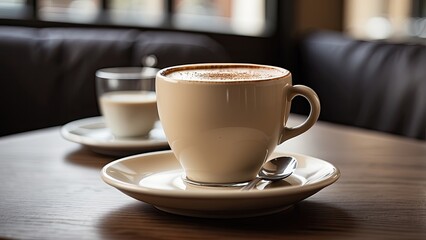 1. Hot and Cold Cappuccino Cups on an Old Wooden Table in the Morning.