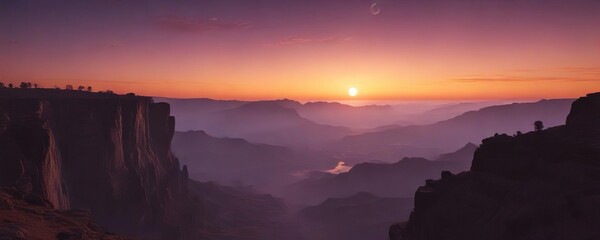 Naklejka premium A full moon hangs low in the orange glow of dawn near the rim of a colorful horizon, horizon, light