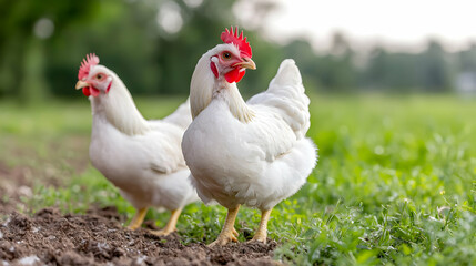 Fototapeta premium Two white hens in grassy farmyard