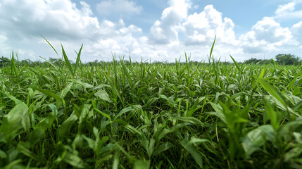 Obraz premium Lush green grass field under a partly cloudy sky, nature background image
