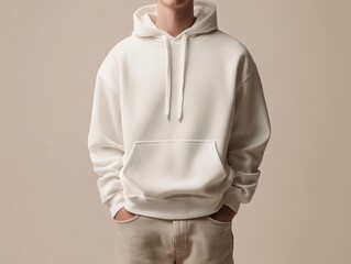 Person Wearing Plain Light Beige Hoodie Standing in Front of a Neutral Background Casual Attire