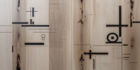 Abstract Geometric Black Shapes and Lines on Natural Wood Panels Modern Design