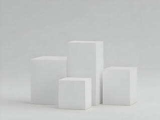 Four White Rectangular Cubes Stand on a Gray Backdrop