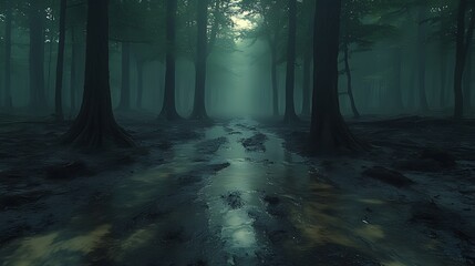 Fototapeta premium Misty forest path, swampy ground, sunlit clearing, game background