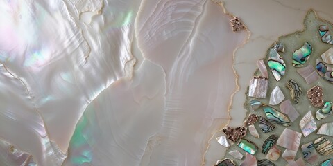 Luxurious Mother of Pearl and Abalone Mosaic Surface Close Up Elegant Shimmering Texture