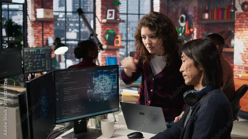 Poster it engineers cooperating in ai focused startup, debugging applications, crosschecking between pc and
