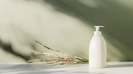 White pump bottle with pampas grass on table