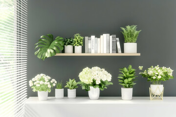 Fototapeta premium 3D Render of Indoor Plants and Books on Shelves Gracefully Adorn a Modern Interior with Natural Light.