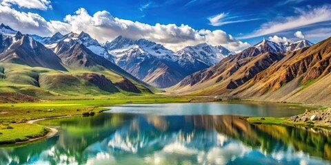 Fototapeta premium Panoramic view of Kargil Valley with snow-capped peaks and serene lake in the background, landscapes, green mountains