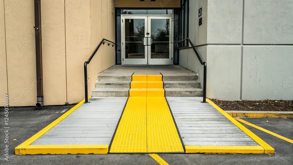 Poster a yellow line is painted on the ground in front of a building