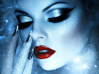 Obraz premium Frosty Glamour Portrait showcases icy makeup, glitter, and red lips with a dreamy winter aesthetic.