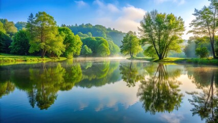 Obraz premium A serene lake with reflected trees and a misty atmosphere, surrounded by lush greenery in Overlook Park, landscape