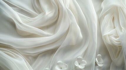 Fototapeta premium Delicate white fabric draped elegantly with soft floral accents, creating a serene backdrop