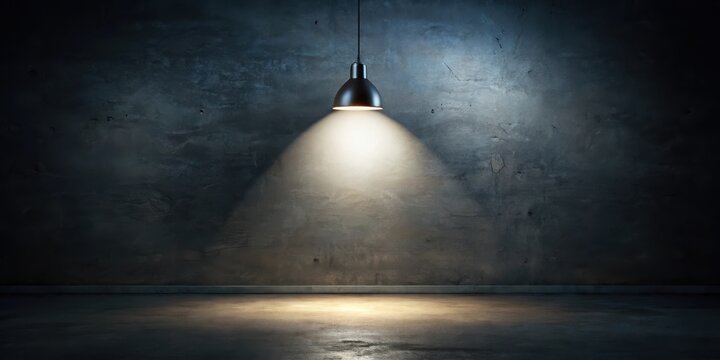 Dark room with single bright light above, mysterious ambiance