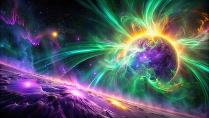 Fototapeta premium Intense solar flares illuminate a dark night sky with vibrant purple and green hues, intense magnetic field, night sky spectacle