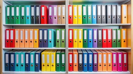 Obraz premium Colorful binders with neatly arranged labels on a shelf, workspace, storage, workspace, storage