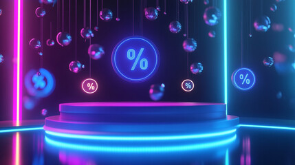 Obraz premium Glowing percentage discount symbols floating in neon-lit retail display, futuristic sale promotion advertisement background