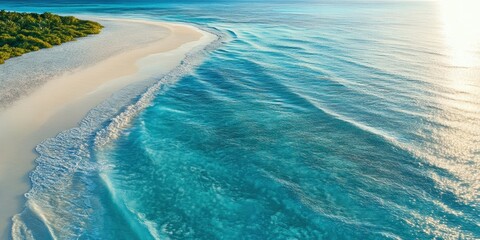 Turquoise Paradise Beach Scenery with White Sand and Lush Green Vegetation Aerial Coastal View
