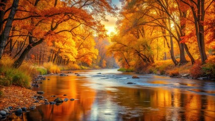 Fototapeta premium Serene river flows gently through a vibrant autumn landscape with golden leaves and orange hues, natural light, scenery