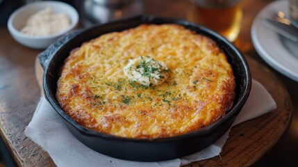 Delicious Cornbread Casserole with Creamy Topping Served in a Black Skillet
