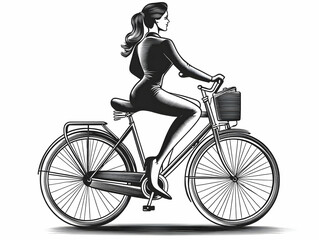 Obraz premium Woman in Dress Rides a Bicycle with Basket in Front, Side View Illustration