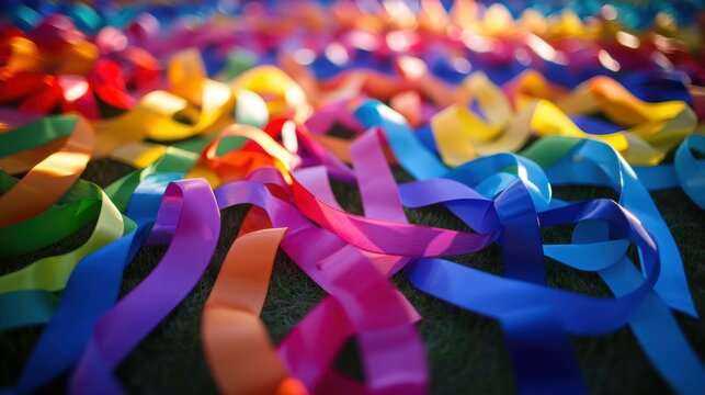 Rainbow-colored ribbons draped across a pride flag, creating a vibrant display of unity.