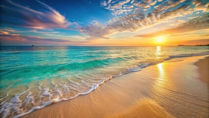 Serene beach scene at sunset with clear turquoise water and soft golden sand, summer vibes, peaceful