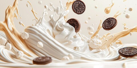 Chocolate Cookies and Creamy Splashes: A visually captivating image of chocolate cookies  plummeting through a dynamic wave of white and brown liquid, creating a whimsical and delightful scene.  