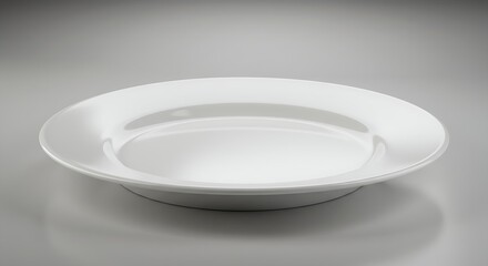 A classic white ceramic plate with a smooth surface and a slightly raised edge, perfect for serving a main course.