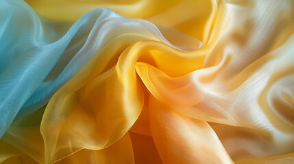 Fototapeta premium Soft, flowing fabric in vibrant hues of blue and yellow, creating an elegant backdrop for fashion