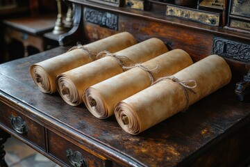Fototapeta premium Artistic Twine-Tied Handmade Paper Rolls with a Rustic Appeal