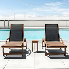 Fototapeta premium Two Wooden Lounge Chairs with Black Fabric by a Sparkling Blue Pool on a Sunny Day