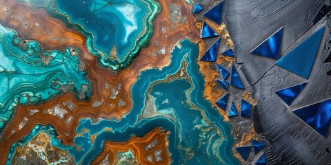 Abstract Luxurious Gemstone Texture Featuring Teal Blue and Brown Tones with Geometric Blue Triangle Accents