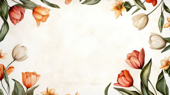 Floral Frame with Tulips and Daffodils: A delicate watercolor-style floral frame features vibrant tulips and daffodils in soft orange, peach, and white hues.