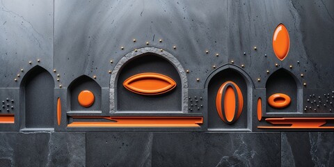 Abstract Stone Wall with Geometric Orange Shapes and Arches Dark Artistic Backdrop